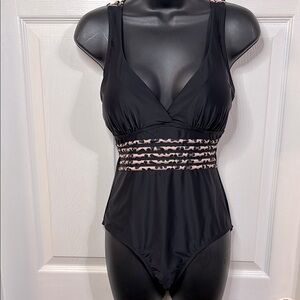 Black one piece swim suit with animal print straps, size medium, NWOT.